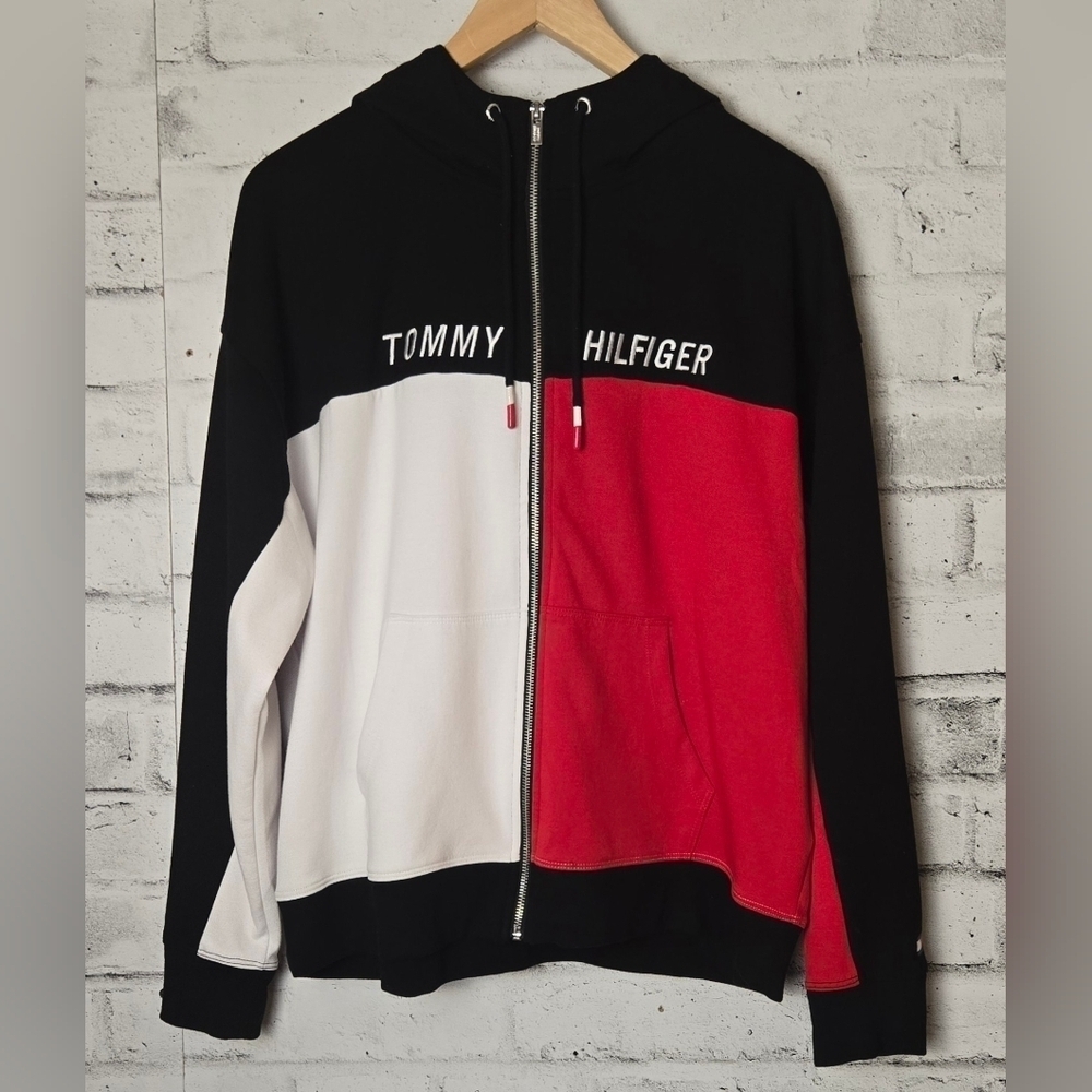 Tommy Hilfiger Boys XL Colorblock Full Zip Hoodie Red White Black Logo